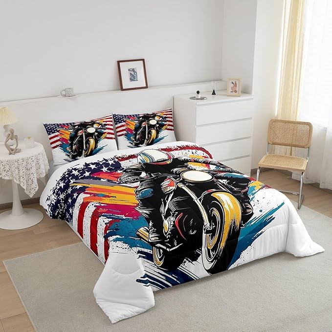 Feelyou Dirt Bike Comforter Set Toddler Size American Flag Comforter Extreme Sports Bedding Set Racing Motocross Rider Duvet Set Room Decor White Quilt Set