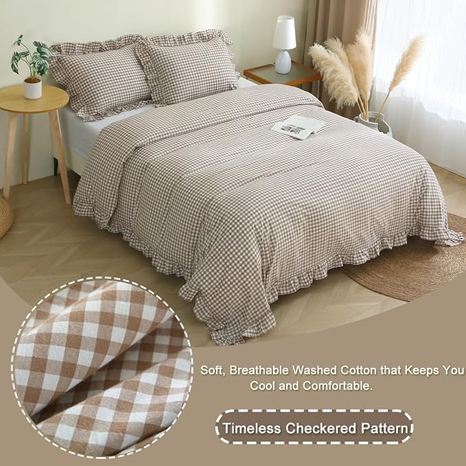 Taupe/White Plaid Ruffle Duvet Cover King Size,100% Washed Cotton 3 Pcs Vintage Checkered Chic Gingham Bedding Set Comforter Cover Set