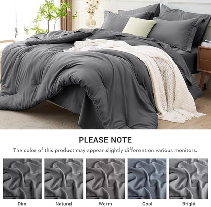 MUXHOMO 7 Pieces California King Comforter Set, Soft Bed in a Bag Cal King Size, All Season Bedding Set with Comforter, Flat Sheet, Fitted Sheet, Pillowcases & Shams, Dark Grey
