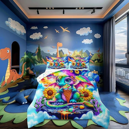 Ice Cream Dessert Colorful Sky Comforter Set with 2 Pillowcases,Watercolor Sunflower Flowers Super Soft Microfiber Bedding Set for Adults Teens,Cartoon Dragon Duvet Set for Room Decor,King