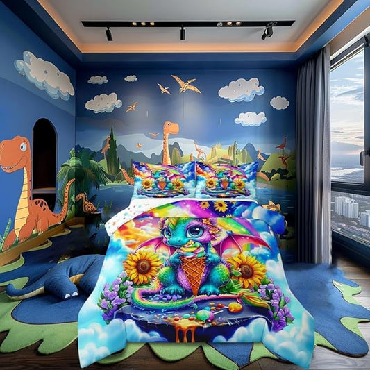 Ice Cream Dessert Colorful Sky Comforter Set with 2 Pillowcases,Watercolor Sunflower Flowers Super Soft Microfiber Bedding Set for Adults Teens,Cartoon Dragon Duvet Set for Room Decor,King