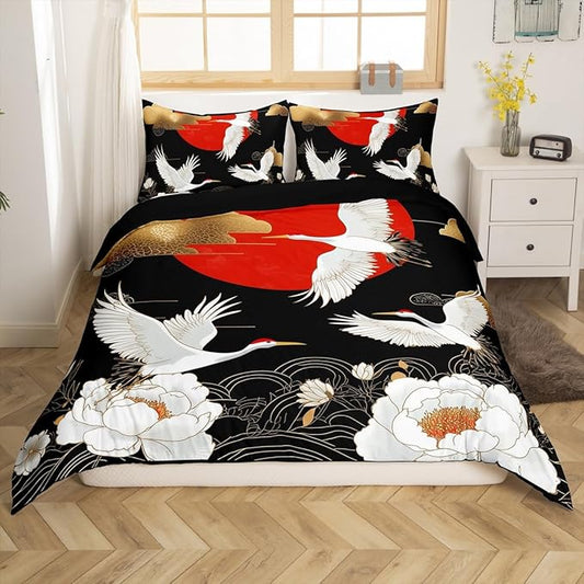 Feelyou Japanese Crane Bedding Set Twin Size Black Gold Ukiyoe Theme Duvet Cover for Adult Kids Boys Girls Asian Anime Comforter Cover Set Wild Animal Bedspread Cover 2Pcs Zipper