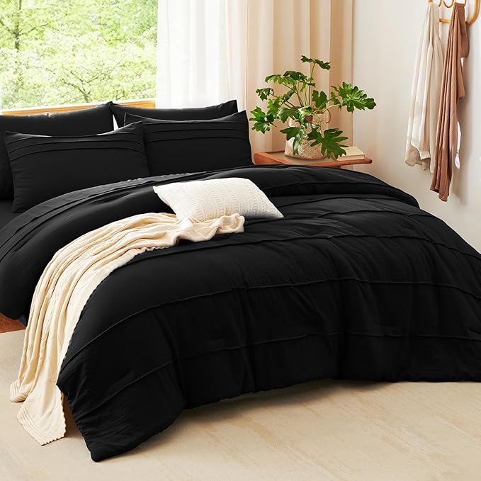 CozyLux King Size Comforter Set Black, 7 Pieces Soft Pinch Pleat Bed in a Bag King Comforter Set with Sheets, Boho Bed Set with Down Alternative Comforter, Sheets, Pillowcases & Shams