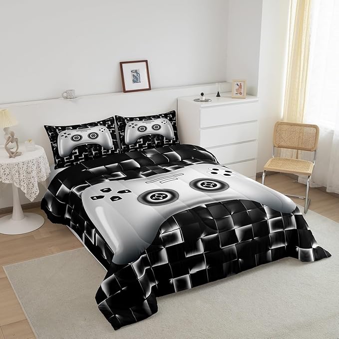 Erosebridal Kids Gaming Bedding Sets for Boys Full Black White Gamer Comforter Set Geometric Checkered Game Console Bedding Set for Teen Youth Men 3D Video Game Gamepad Quilt Duvet 3 Piece
