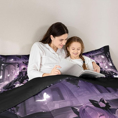 Erosebridal 3D Girly Kids Comforter Set | Japanese Girl Bedding Full Size Anime Gifts Down Comforter Purple Dreamy Butterfly Print Duvet Set for Bedroom
