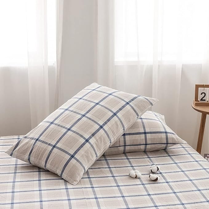FACE TWO FACE Bedding Duvet Cover Set 3 Pieces 100% Washed Cotton Duvet Cover Linen Like Textured Breathable Durable Soft Comfy (California King,Blue Grid)