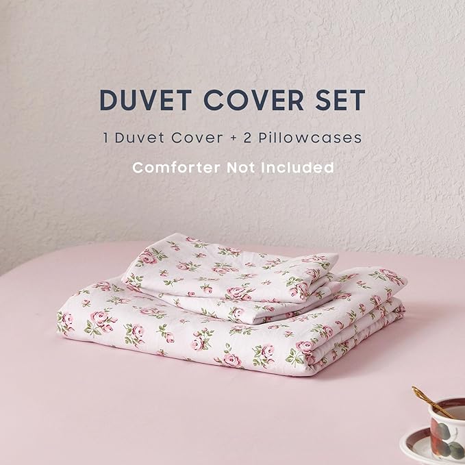 Wake In Cloud - Coquette Duvet Cover Set, Floral Cottagecore Flower Shabby Chic Cute Aesthetic, Soft Lightweight Bedding for Women Teen Girls, 3-Piece, Pink, Twin/Twin XL Size