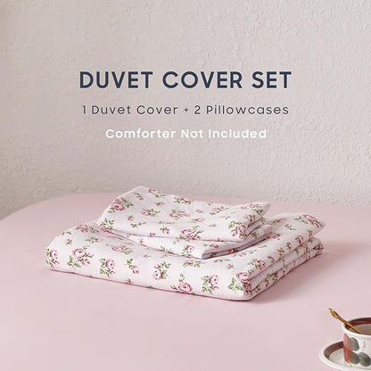 Wake In Cloud - Coquette Duvet Cover Set, Floral Cottagecore Flower Shabby Chic Cute Aesthetic, Soft Lightweight Bedding for Women Teen Girls, 3-Piece, Pink, Twin/Twin XL Size