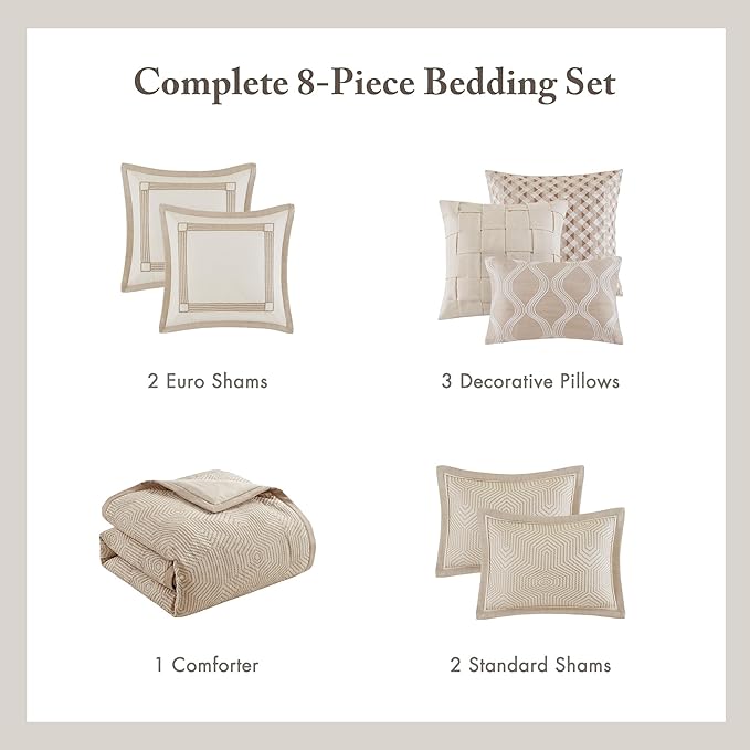 Madison Park Signature Queen Luxury Jacquard Comforter Set, Removable Duvet Cover with Insert, Oversized Overfilled Bedding, Hand-Guided Embroidered Texture Accents, Geometric Ivory, 8-Piece