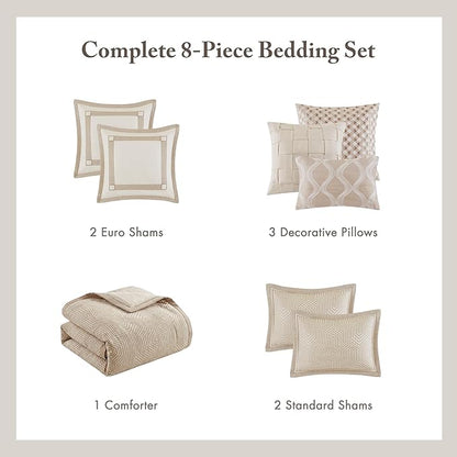 Madison Park Signature Queen Luxury Jacquard Comforter Set, Removable Duvet Cover with Insert, Oversized Overfilled Bedding, Hand-Guided Embroidered Texture Accents, Geometric Ivory, 8-Piece
