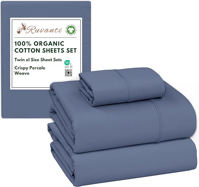 RUVANTI 100% Organic Cotton Sheets Twin XL, Percale Weave, GOTS Certified, 3-Piece Set, Deep Pocket 15", Crisp & Breathable, Soft Durable Bedding, Sábanas Algodón Orgánico – Wild Wind