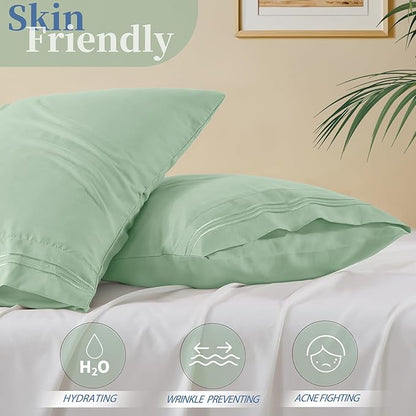 Vonty 2 Pack Queen Pillow Cases - 20x30 Inch, 1800 Thread Count Microfiber Pillowcases Queen Size Sage Green Pillow Cases Luxury & Soft Embroidered Bed Pillow Covers with Envelope Closure