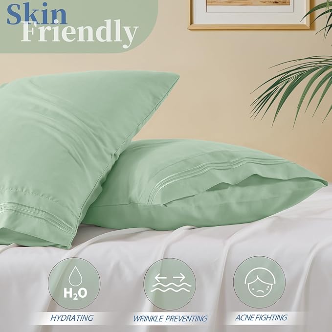 Vonty 2 Pack King Pillow Cases - 20x40 Inch, 1800 Thread Count Microfiber Pillowcases King Size Sage Green Pillow Cases Luxury & Soft Embroidered Bed Pillow Covers with Envelope Closure