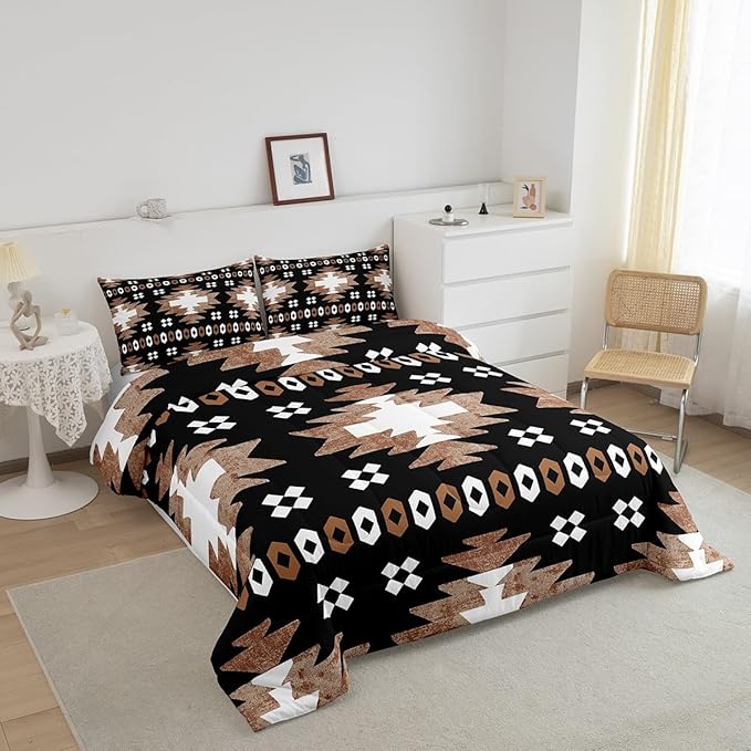 Feelyou Boho Comforter Set Full Size Southwest Native American Design Comforter Southwestern Geometric Bedding Set Western Decor Duvet Set Room Decor Brown Balck Quilt Set