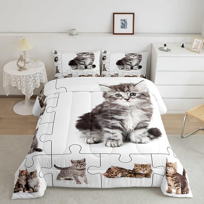 3D Cats Print Comforter Set King,Cute Pet Theme Bedding Set for Boys Girls Teens Bedroom Decor,Lovely Kittens Kids Cartoon Animal Quilt Set Super Soft Duvet Set,Gift for Her Him