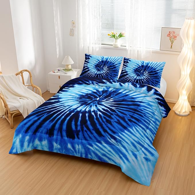 Blue Tie-dye Comforter Sets Twin Size,Abstract Modern Art Bedding Set for Your Room,Graffiti Soft Lightweight Quilted Set All Season 1 Comforter and 2 Pillowcases