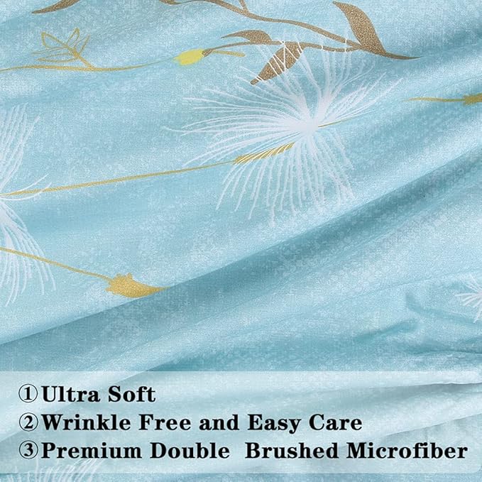 JSD Blue Floral Print Sheet Set Full Size, 4 Piece Soft Botanical Microfiber Sheets Extra Deep Pocket Wrinkle Free