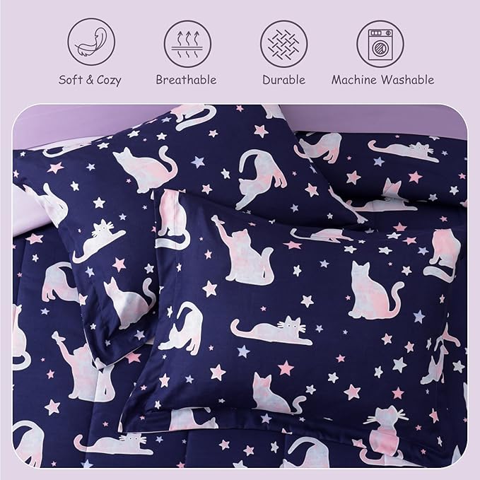 Full Comforter Set for Girls Kids - 7 Pieces Cute Cat Full Size Bedding Sets for Kids, Soft Cozy Bed in A Bag with Sheets