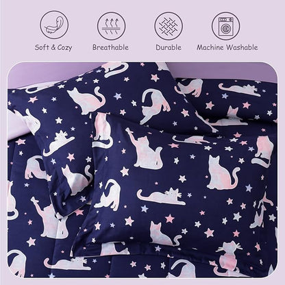 Full Comforter Set for Girls Kids - 7 Pieces Cute Cat Full Size Bedding Sets for Kids, Soft Cozy Bed in A Bag with Sheets