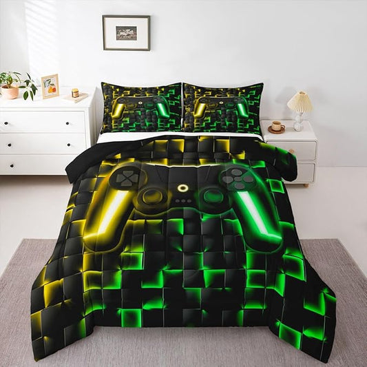 Erosebridal Gaming Queen Bedding Sets for Kids Boys Gamer Comforter Set 3D Neon Lights Ombre Geometric Checkered Gamepad Quilt Comforter Lightweight Gamer Bed Duvet Set for All Season,Green Gold