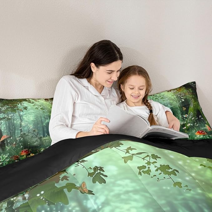 Erosebridal Magical Comforter Set King Size, Mushroom Bedding Set for Girls Women Kids Teens, Daisy Leaves Branches Sunset Nature Duvet Insert, Cute Style Soft Warm Quilted Duvet Bedroom Decor, Green