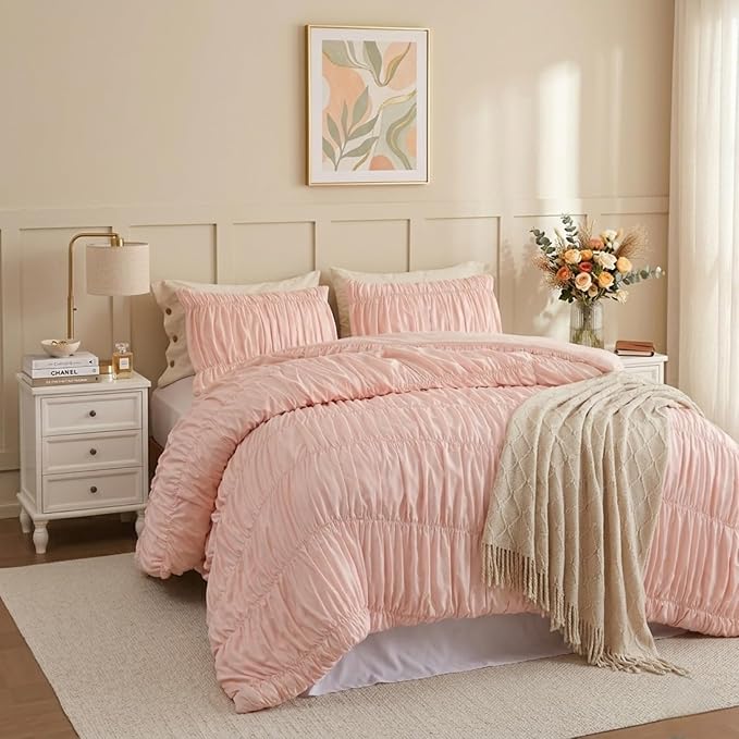 weigelia Cinched Comforter Set Queen - 3PCS Soft Cozy Blush Pink Queen Bedding Set with Decorative Ruched Design, Fluffy Lightweight All Season Cute Comforter for Elegant Home & Bedroom Decor
