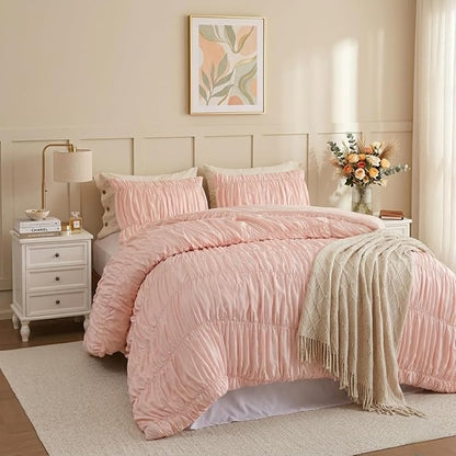weigelia Cinched Comforter Set Queen - 3PCS Soft Cozy Blush Pink Queen Bedding Set with Decorative Ruched Design, Fluffy Lightweight All Season Cute Comforter for Elegant Home & Bedroom Decor