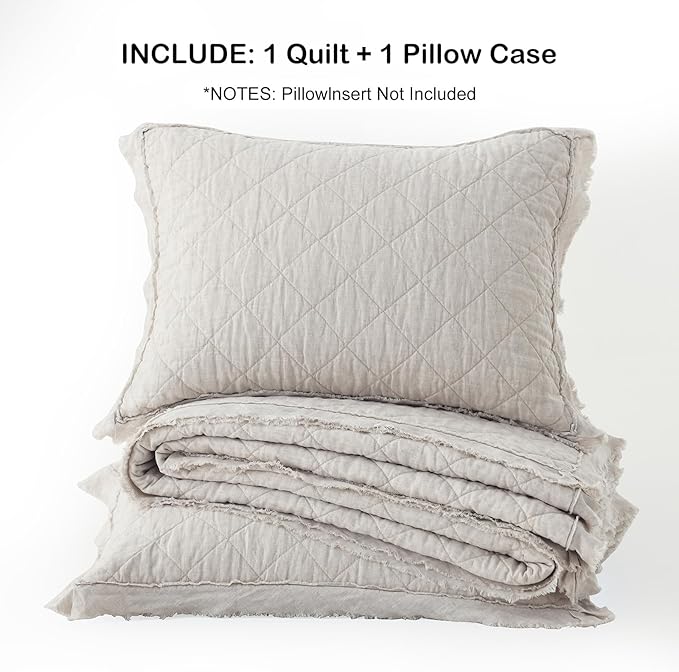 HORIMOTE HOME 100% Linen Front/100% Cotton Back Quilt Set Twin Size, Beige Pre-Washed European Flax Linen Quilt, Diamond Stitch Bedspread Coverlet Bedding Set 2-Piece for All Seasons