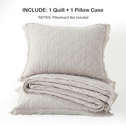 HORIMOTE HOME 100% Linen Front/100% Cotton Back Quilt Set Twin Size, Beige Pre-Washed European Flax Linen Quilt, Diamond Stitch Bedspread Coverlet Bedding Set 2-Piece for All Seasons