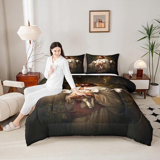 Castle Fairy Sheep Print Comforter Set with 2 Pillowcases,Rustic Farmhouse Super Soft Microfiber Bedding Set for Adults Teens,Cute Animals Duvet Set for Room Decor,King