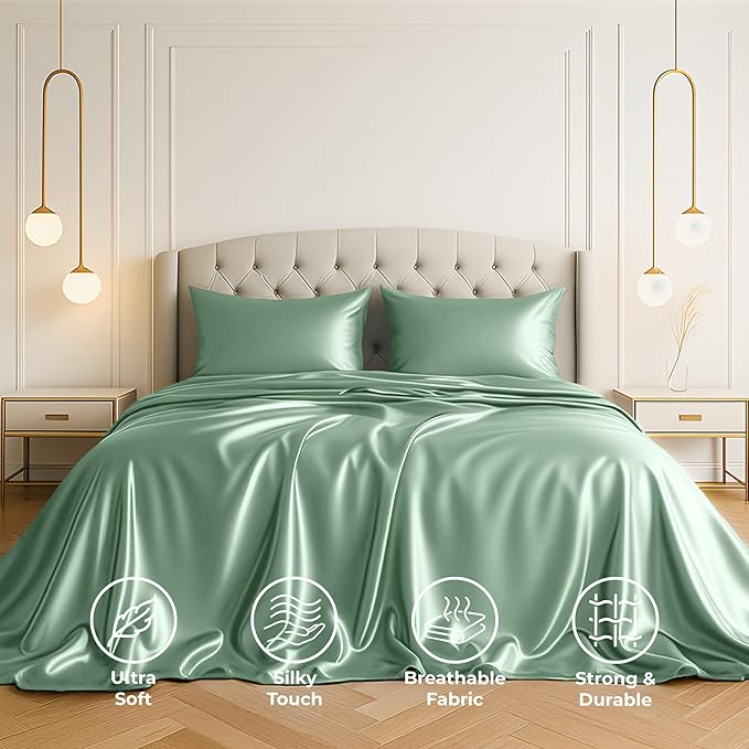 Pure Bedding Satin Sheets Twin [3-Piece, Champagne Green] Hotel Luxury Silky Bed Sheets - Extra Soft 1800 Microfiber Sheet Set, Wrinkle, Fade, Deep Pocket Fitted Sheet, Flat Sheet, Pillow Cases