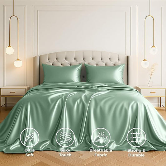 Satin Sheets California King [4-Piece, Champagne Green] Hotel Luxury Silky Bed Sheets - Extra Soft Microfiber Sheet Set, Wrinkle Resistant - Deep Pocket Fitted Sheet, Flat Sheet, Pillow Cases