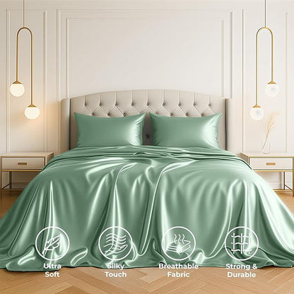 Satin Sheets Full [4-Piece, Champagne Green] Hotel Luxury Silky Bed Sheets - Extra Soft 1800 Microfiber Sheet Set, Wrinkle, Fade, Stain Resistant - Deep Pocket Fitted Sheet, Flat Sheet, Pillow Cases