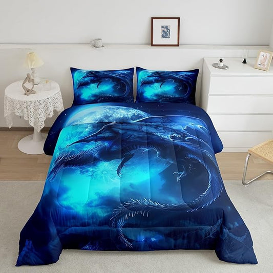 Dragon Moon Comforter Set Queen Size,Wildlife Magical Dinosaur Bedding Set for Kids Boys Girls Room Decor,3D Blue Dragon Printed Duvet Insert 3Pcs,Microfiber Soft Trippy Quilt Set,2 Pillowcases