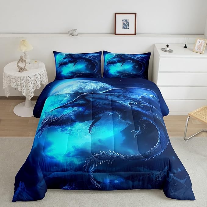 Dragon Moon Comforter Set King Size,Wildlife Magical Dinosaur Bedding Set for Kids Boys Girls Room Decor,3D Blue Dragon Printed Duvet Insert 3Pcs,Microfiber Soft Trippy Quilt Set,2 Pillowcases