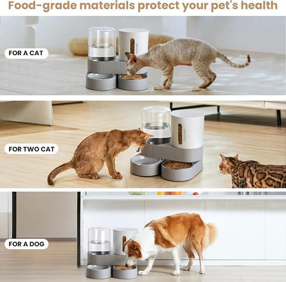 2 Pack Automatic Cat Feeder Stainless Steel Water Dispenser Gravity Food Feeder and Waterer Set with Pet Food Bowl for Small Medium Kitten Puppy Pets Large Capacity(Grey)