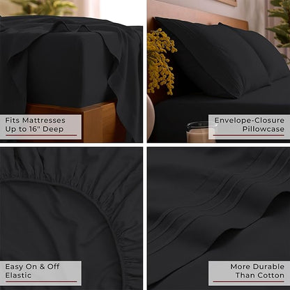 Mellanni King Sheet Set - 6-Piece Iconic Collection Bedding, (Including 4 Pillowcases), 16-Inch Deep Pocket, Easy Care, Extra Soft, Cooling Sheets, Brushed Microfiber - Black