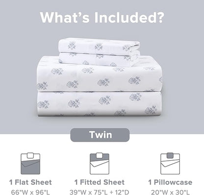 Comfort Spaces 100% Cotton Sheets Twin, Breathable, Naturally Cool Cotton Sheets, Soft Cotton Bed Sheets with 12" Elastic Pocket Fits up to 14" Mattress, All Seasons Sheet Set, Floral Blue 3 Piece