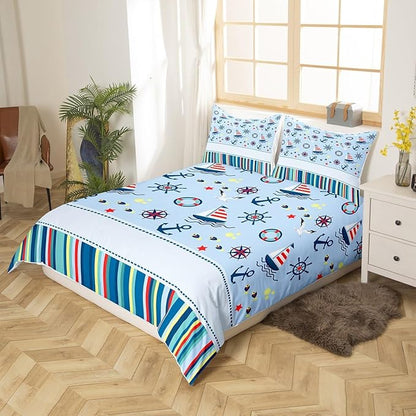 Castle Fairy Nautical Anchor Bedding Set Ocean Fish Seagull Blue Duvet Cover Set Outdoor Adventure Comforter Cover Red Blue Stripes Bedroom Quilt Cover Full with 2 Pillowcase,No Comforter