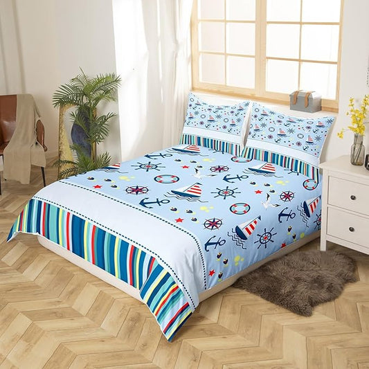 Castle Fairy Nautical Anchor Bedding Set Ocean Fish Seagull Blue Duvet Cover Set Outdoor Adventure Comforter Cover Red Blue Stripes Bedroom Quilt Cover Full with 2 Pillowcase,No Comforter