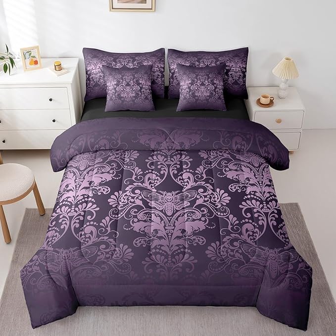 Erosebridal Gothic Damask Bed in a Bag King Size Comforter Set 7 Pieces,Exotic Moth Bedding Sets Purple Victorian Floral Goth Sheet Set with Comforter