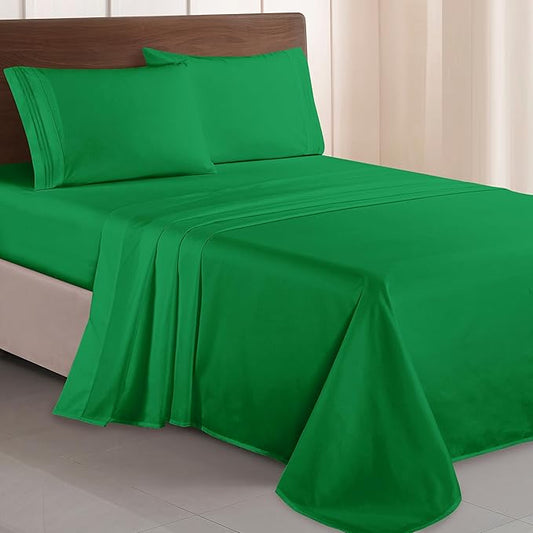 Elegant Comfort Luxurious 1500 Premium Hotel Quality Microfiber Three Line Embroidered Softest 4-Piece Bed Sheet Set, Wrinkle and Fade Resistant, King, Emerald Green