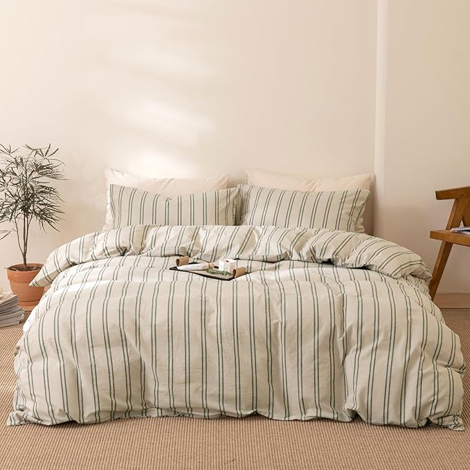 VM VOUGEMARKET Green Stripes Comforter Set King Modern Simple Bedding Comforter with 2 Pillowcases Farmhouse Style Lightweight Cotton Comforter Set for Adults