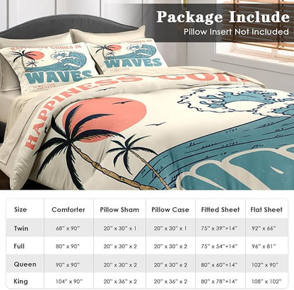Comforter Set King Size, Summer Beach Surf 7 Pcs Bedding for Kids and Adults, Vintage Board Palm Bed Sheet Sets with Fitted Sheet 2 Pillowcases & 2 Shams for Bedroom Bed Decor