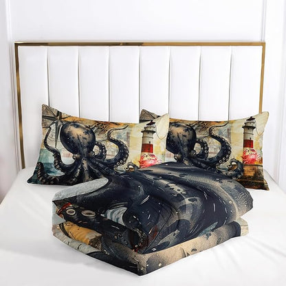 Octopus Comforter Set Queen Port Lighthouse Bedding Sets 3PCS for Kids Teen Adult Ocean Room Decor Ultra-Soft Lightweight Microfiber 1 Comforter with 2 Pillowcases