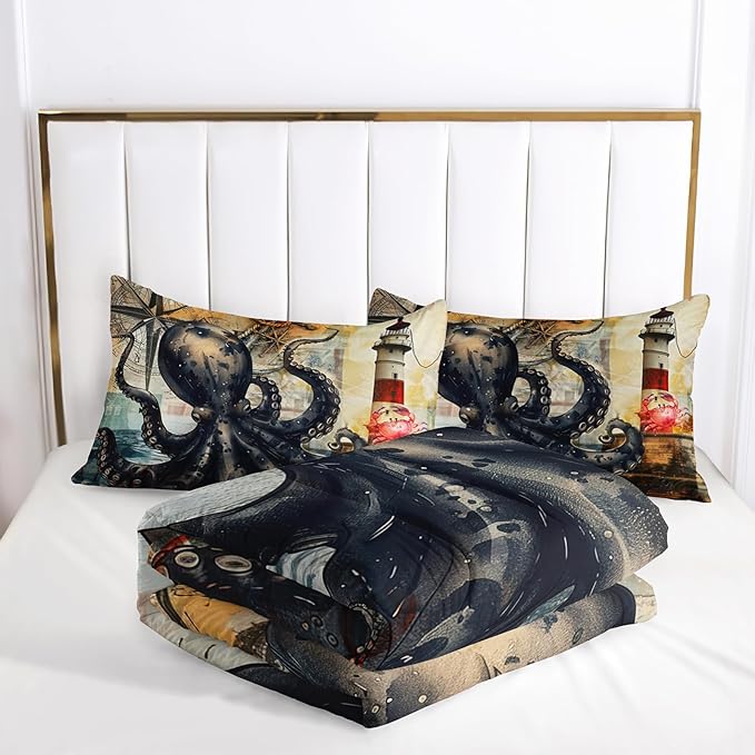 Octopus Comforter Set Full Port Lighthouse Bedding Sets 3PCS for Kids Teen Adult Ocean Room Decor Ultra-Soft Lightweight Microfiber 1 Comforter with 2 Pillowcases