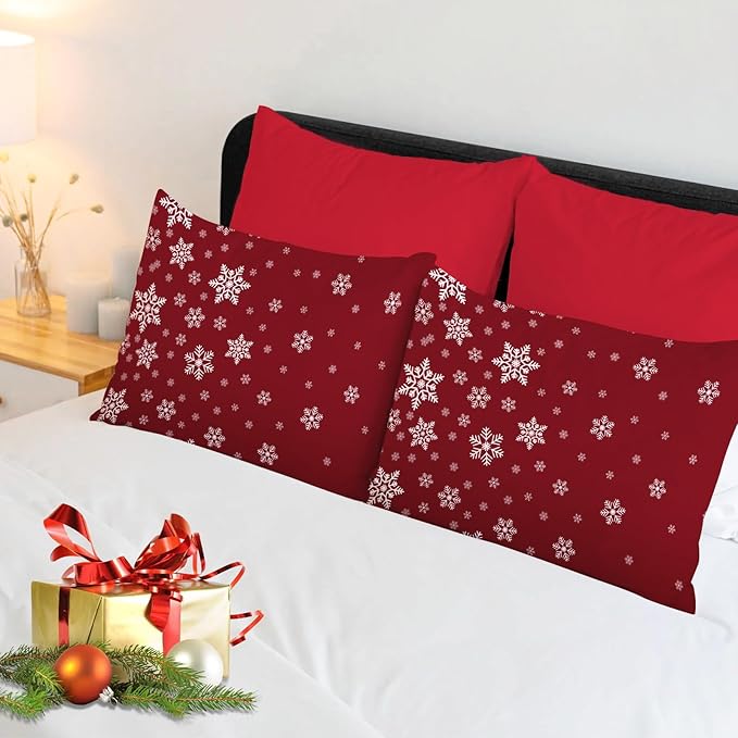 YIYEA Christmas King Size Pillow Cases Set of 4, Ultra Soft Double Brushed Microfiber Red Pillowcases and Christmas Snowflake Pillow Covers, Envelope Closure, Fade Resistant (20"x36")