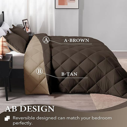 downluxe King Size Comforter Set - Brown and Tan King Comforter, Soft Bedding Sets for All Seasons -3 Pieces - 1 Comforter (104"x92") and 2 Pillow Shams(20"x36")