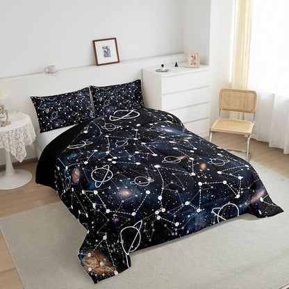 Erosebridal Starry Sky Comforter Set Queen Size Constellation Bedding Set Galaxy Sun Moon Down Comforter Purple Universe Print Bedroom Decor Quilt Set for Kid Men Women