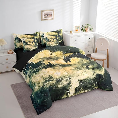 Erosebridal Gothic Dragon Comforter Set 7 Piece Bed in a Bag Twin,Vintage Black Fantasy Castle Bedding Sets Prehistoric Antique Animal Sheet Set with Comforter